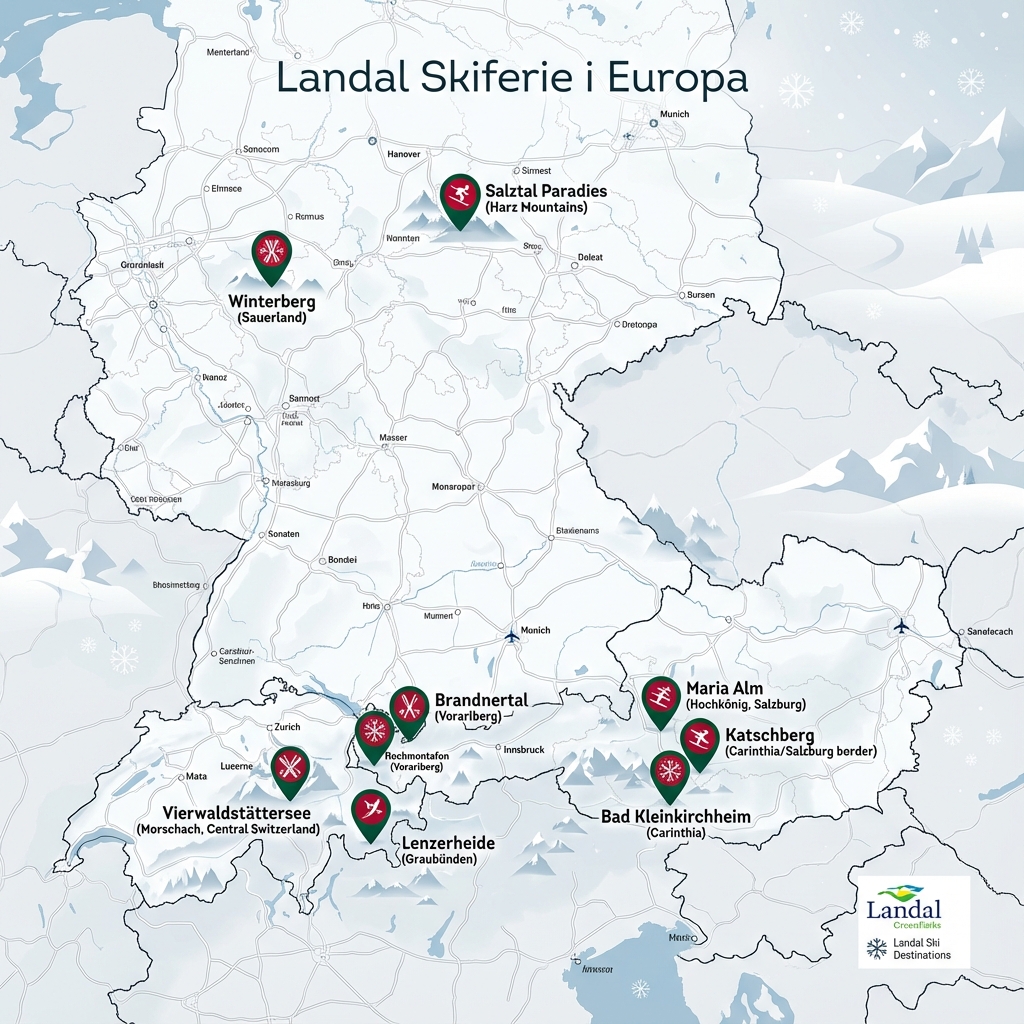 Kort over Landal skiferie destinationer i Europa